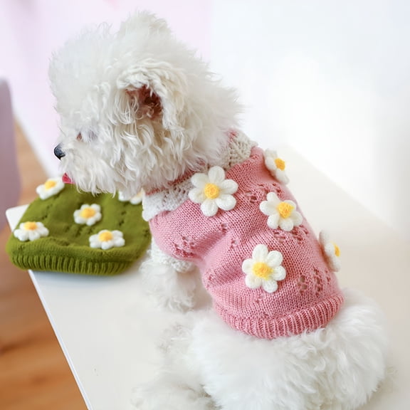 GASTROPOD Sweaters for Small Dogs Girl Daisy Style Plush Round Neck Flowers Sweater Autumn Winter Warm Puppy Girl Fleece Sweater for Small Medium Dogs