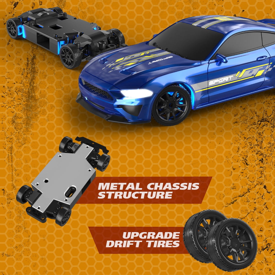 1/43 Scale 2.4G Full Proportional 4WD Mini RC Drift Car with LED Lights, 15KM/H High Speed Remote Control Racing Model, Desktop Drift Car for Adults and Hobbyists