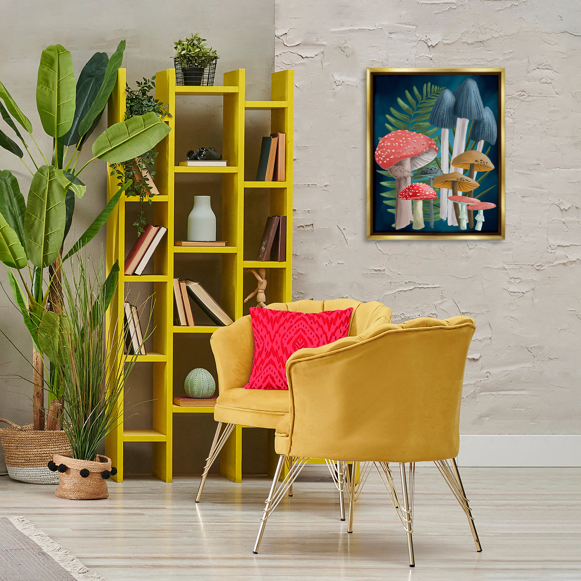 Stupell Industries Forest Fern & Mushrooms Botanical & Floral Painting Gold Floater Framed Art Print Wall Art, 17 x 21