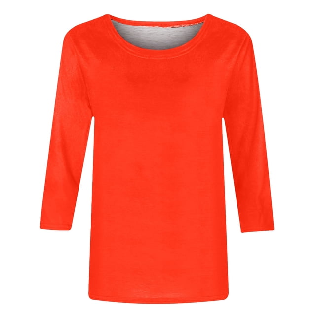 KIHOUT Hauts pour Femmes Manches Longues Liquidation Juniors Col Rond Hauts Décontractés Mode T-shirt Uni Manches 3/4 Blouse Mi-Longue Offres