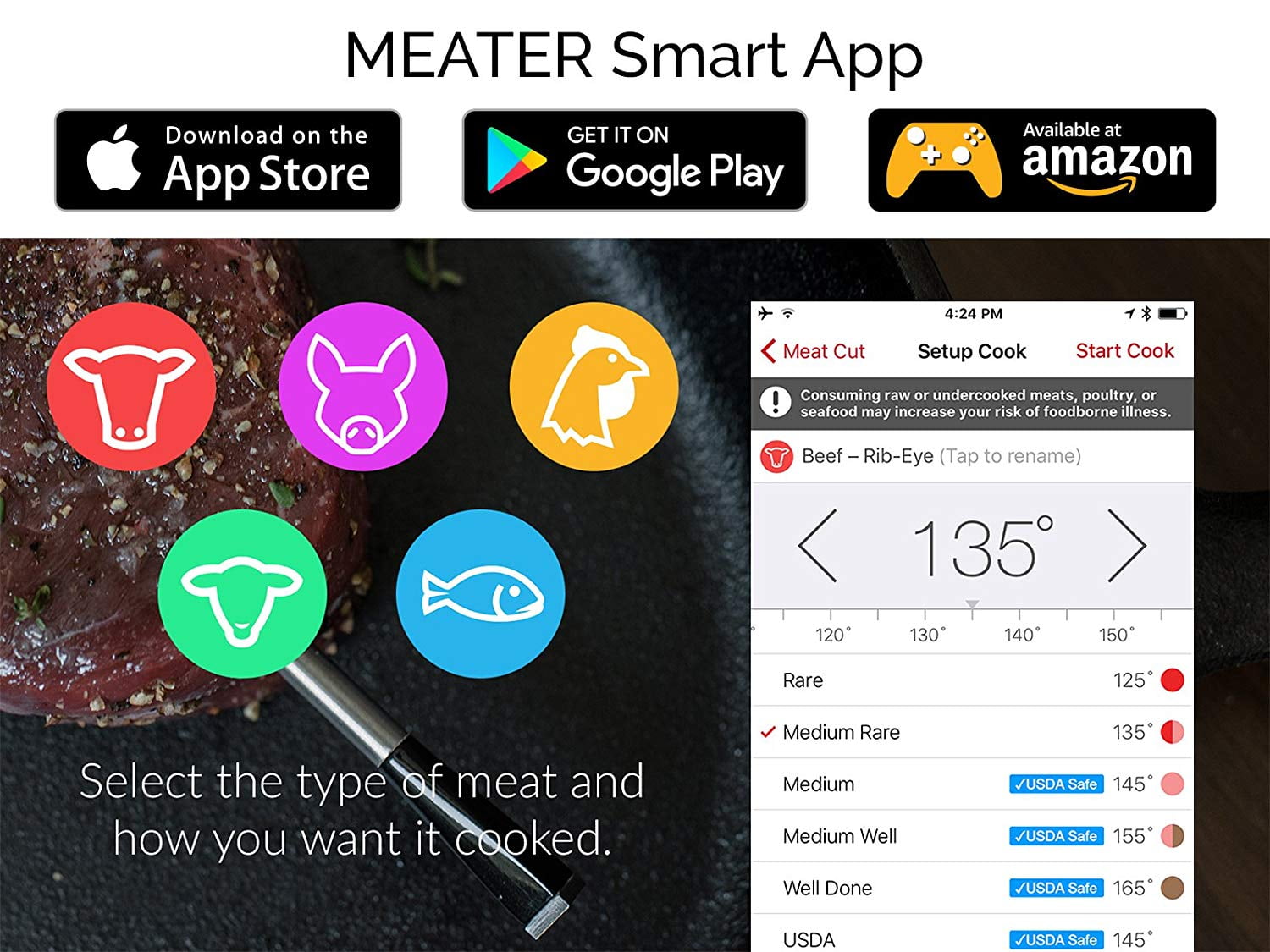 MEATER Original True Wireless Smart Meat Thermometer up to 33ft
