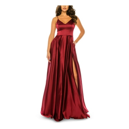 

B DARLIN Womens Burgundy Stretch Pocketed Zippered Thigh High Slit Bra Cups Lined Spaghetti Strap V Neck Full-Length Prom Gown Dress Juniors 9\10