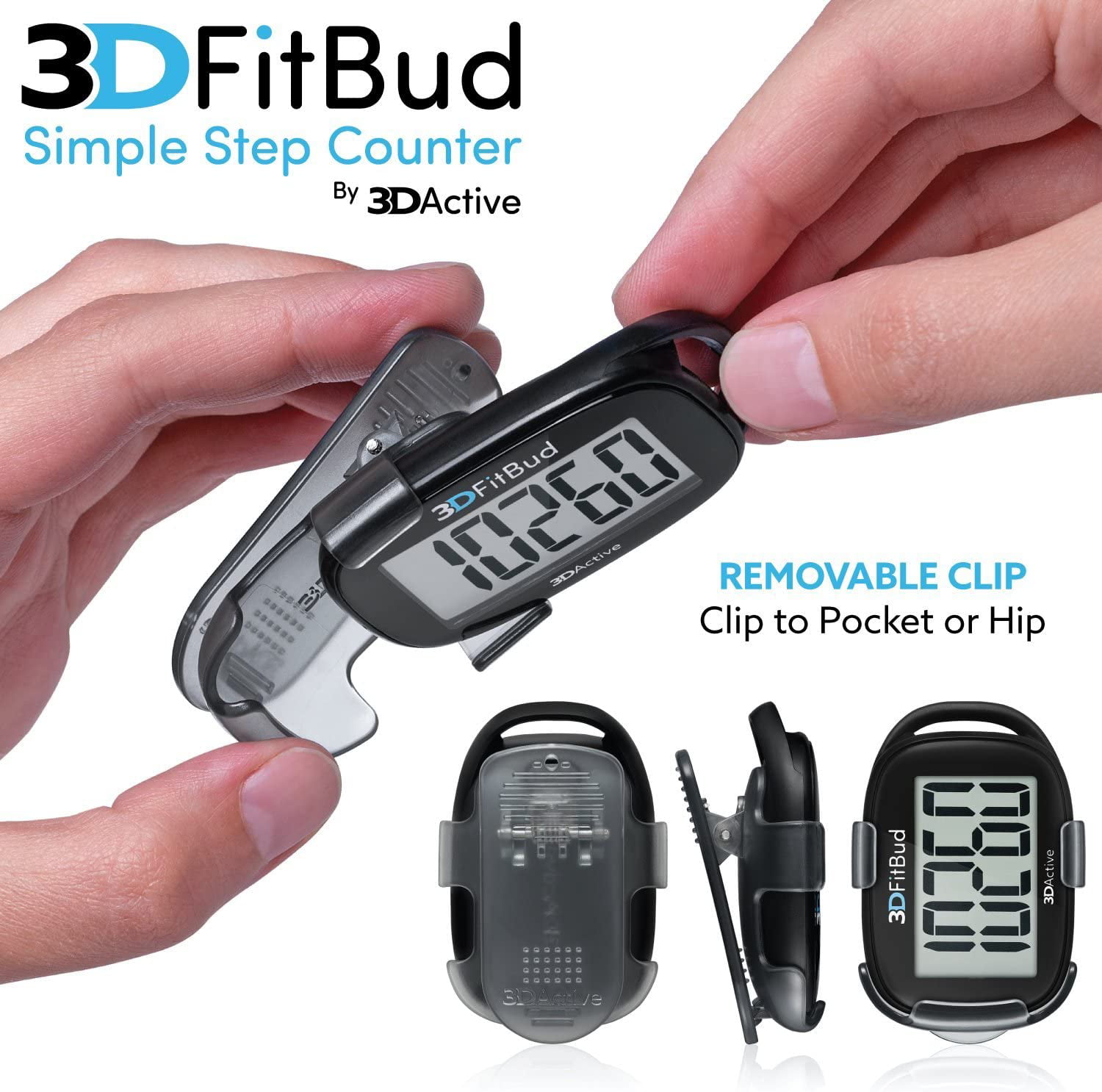 Black 3DFitBud Simple Step Counter Walking 3D Pedometer with Lanyard A420S 