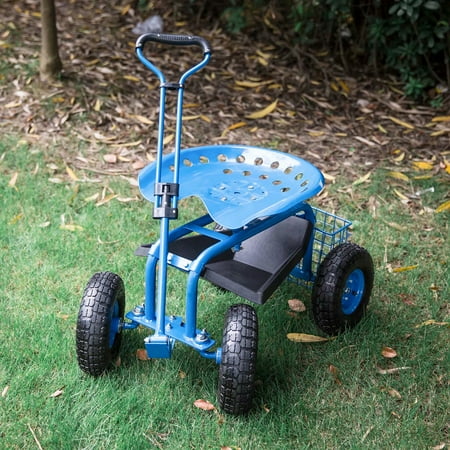 garden cart rolling seat scooter wagon outdoor yard utility swivel planting kinbor lawn tool degree adjustable patio handle tray basket