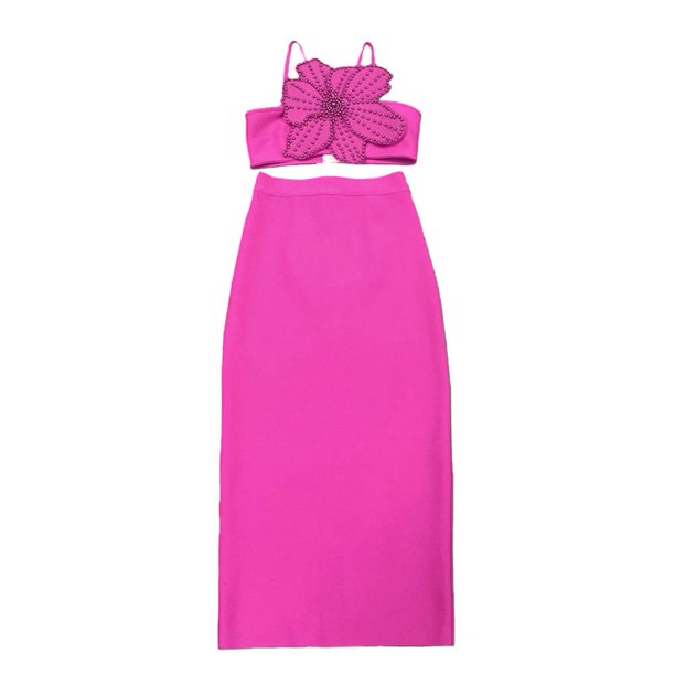 Traje de dos piezas con falda larga y cuello halter con cuentas y flores para mujer, moda femenina elegante de primavera y verano, estilo europeo y americano.