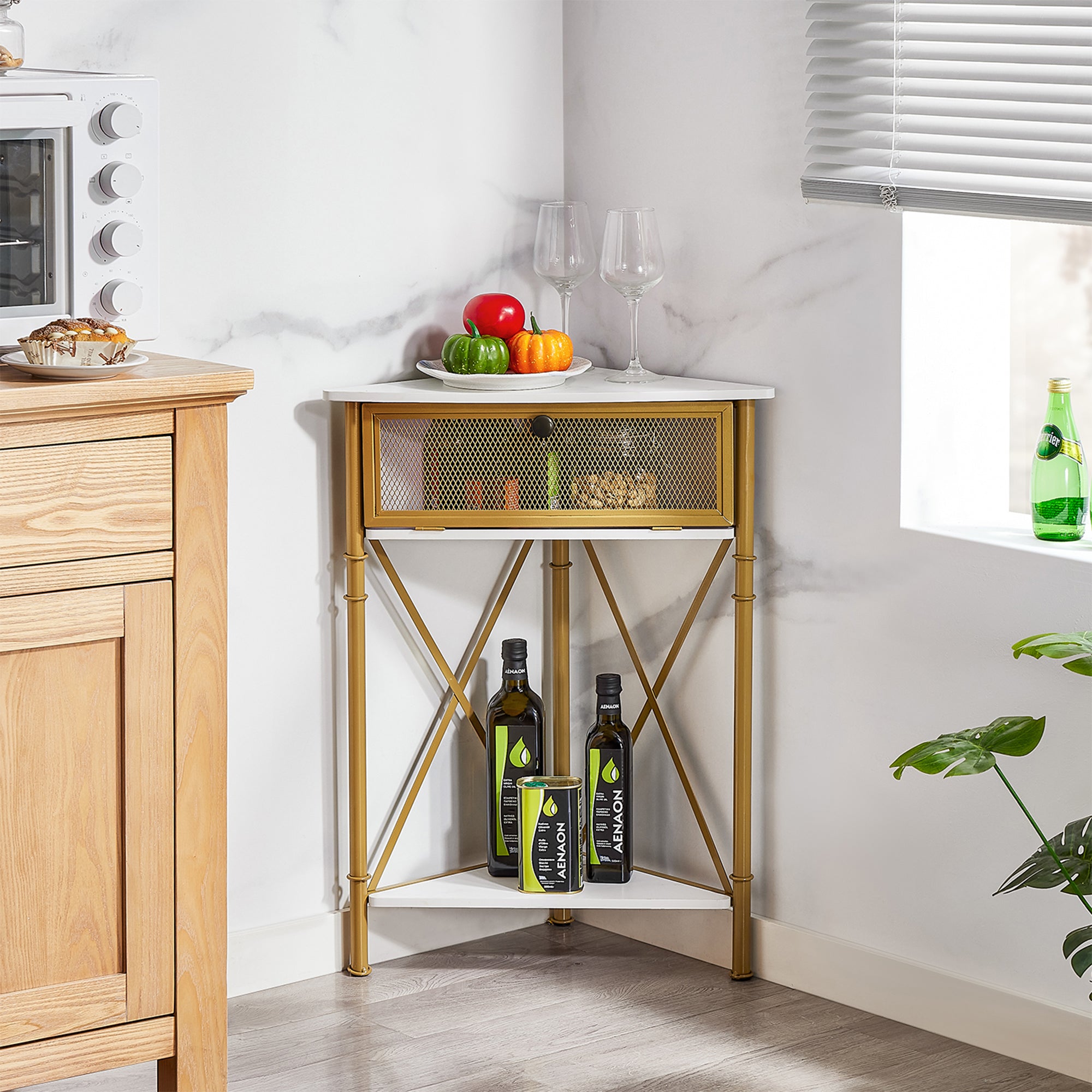 VECELO Corner Storage Cabinet with Flip Drawer and Shelf, Triangle X-Shaped Freestanding Floor Cabinet, White + Gold Frame