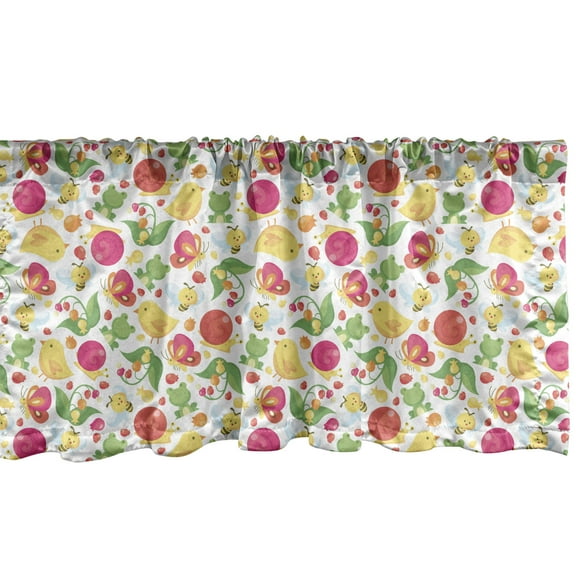 Ambesonne Nursery Window Valance, Spring Theme Colorful Little Creatures in Repetitive Pattern Art Print, Curtain Valance for Kitchen Bedroom Decor with Rod Pocket, 54" X 18", White and Multicolor