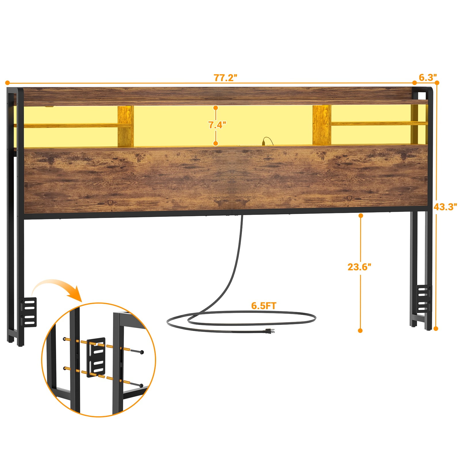 iSunirm Headboard for King Size Bed with Bookcase Storage, King Headboards with LED Light and Power Outlets, Modern King Size Head Board, for King Size Bed, 77.2'' Width, Rustic Brown