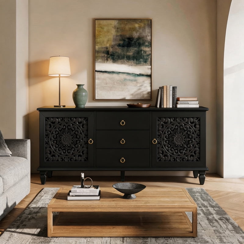 Vintage TV Stand with Carved Doors for 65'' TVs, Freestanding Storage Cabinet Media Console with Drawers & Adjustable Shelf