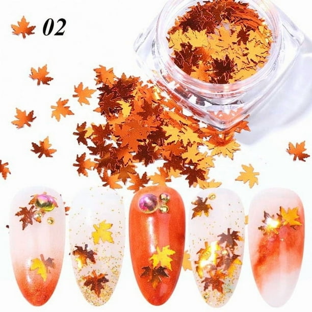 Uñas postizas con diseño de hoja de arce brillante, decoración de uñas con lentejuelas de copo de nieve brillantes, pegatina de lentejuelas