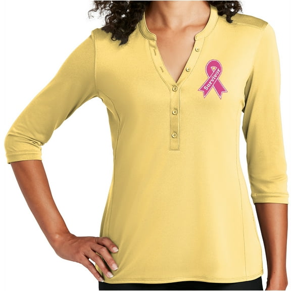 Women's Breast Cancer Survivor Ribbon Patch 5-button 3/4 Sleeve Henley Shirt, Small Sunbeam Yellow