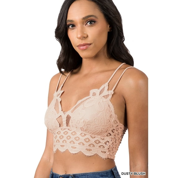 Zenana Women & Plus Crochet Sexy Lace Bralette Smocking Back Bra with Removable Bra Pads