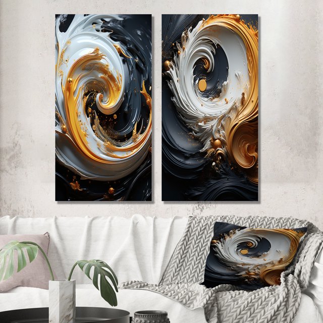 Designart "Black White Gold Spiral Liquid Magic" Abstract Spirals Wall Art Set Of 2 - Transitional Gold Gallery Wall Set For Home Decor