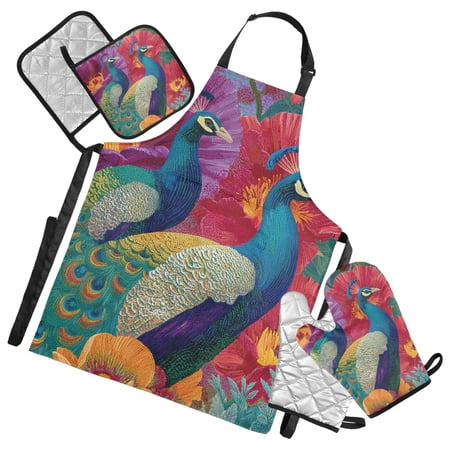 Peacocks and Beautiful Flowers Apron Set with Oven Mitts Pot Holders Set of 5 Kitchen Stuff Accessories
