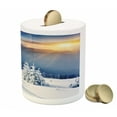 thumbnail image 3 of Winter Piggy Bank, Disappearance of Sunrise in Mountain Tops Dramatic Sky Alpine, Ceramic Coin Bank Money Box for Cash Saving, 3.6" X 3.2", White Blue Apricot, by Ambesonne, 3 of 4