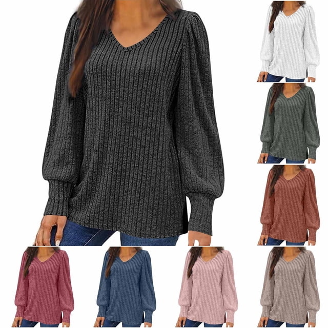 Fall Savings Horkkom Pullover Sweaters for Women Plus Size V Neck Long Sleeve Tops Solid Color Casual Fall Tops XL