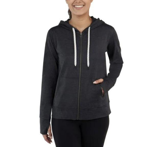 KIRKLAND Signature Women's Moisture Wicking Lightweight Full Zip Hooded Jacket with Thumbholes (US, Alpha, Small, Regular, Regular, Noir (Black))