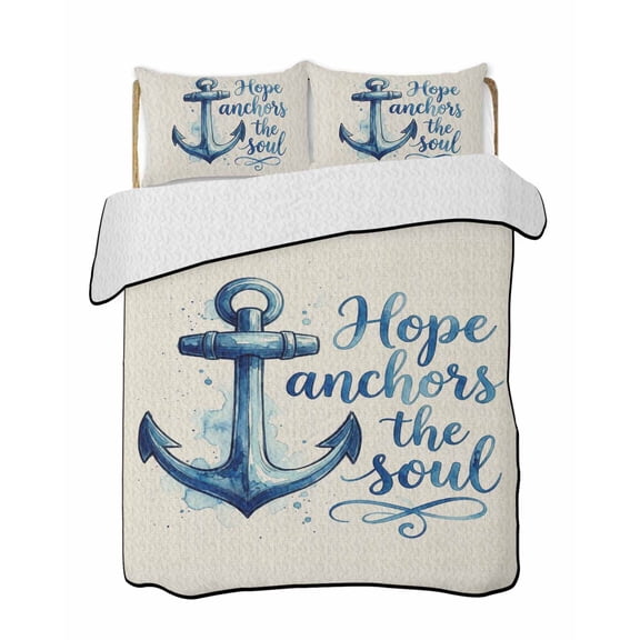 Quilts Twin Size Bedding Set, Coastal Nautical Lightweight Quilted Comforter, Summer Watercolor Anchor Blue Beige Soft Reversible Bedspread Coverlet with Pillow Covers for All Season, 68" x 86"