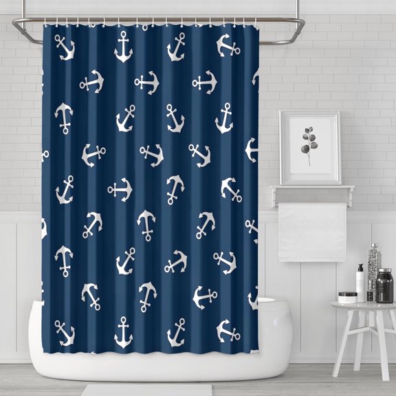 Marine Anchor and Sailboat Shower Curtain 72x72 Inch Waterproof Polyester Fabric with Hooks, Nautical Design for Bathroom and Beach Houses
