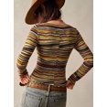 thumbnail image 5 of Women's  Multicolor Striped Ribbed Knit Long Sleeve Top Crew Neck Slim Fit Stretchy Fitted Pullover for Fall Spring Boho Retro Daily Outfits with Low Rise Denim Shorts and Belt, 5 of 8