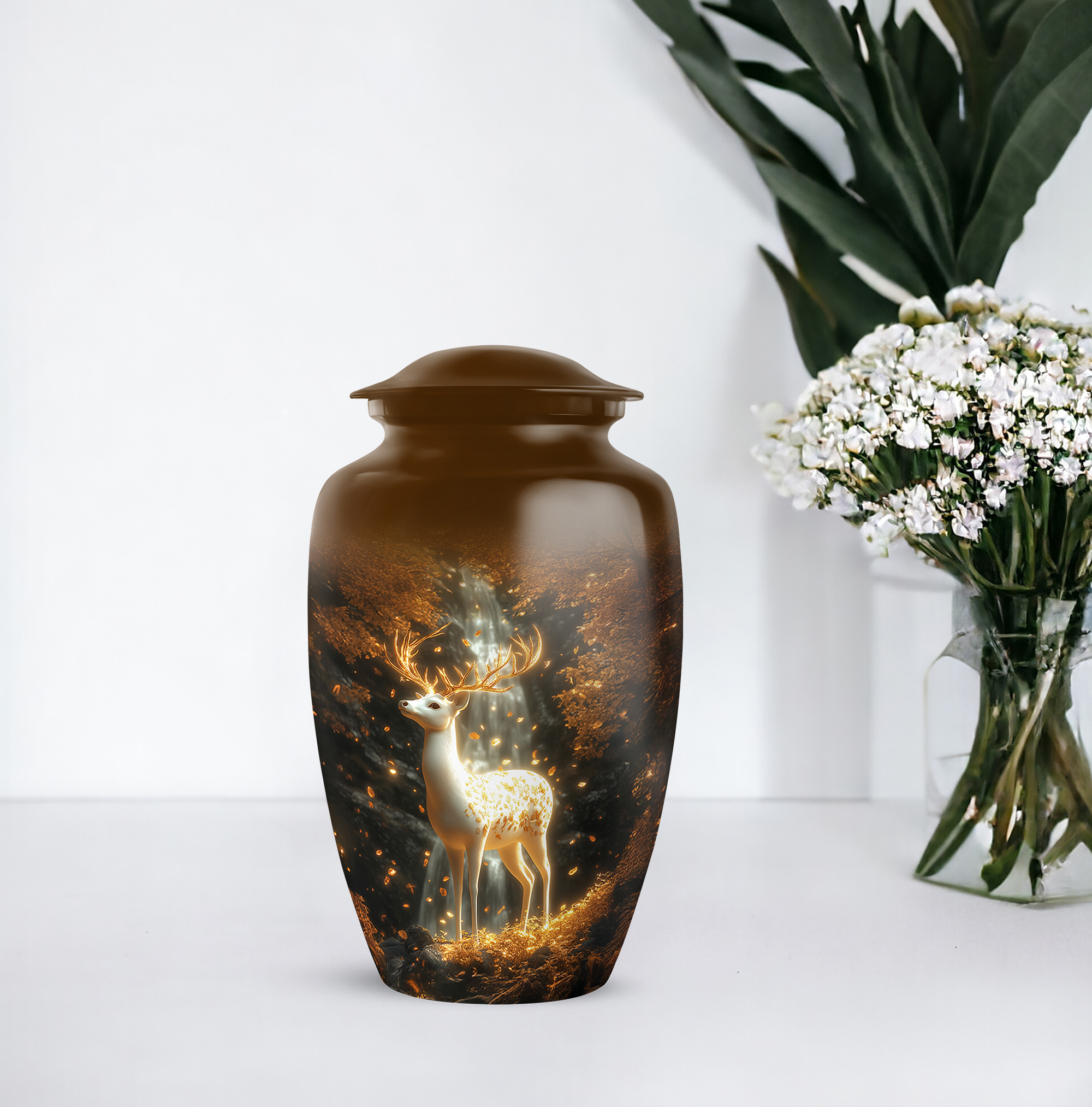 Deer Funeral Cremation Urns For Mom And Dad - Golden Mini Urns For Human Ashes Set Of 4 - Brown Keepsake Cremation Urn For Adult Men - 1 Large Burial Urn For Cremated Remains, Combo (10&3) Inch
