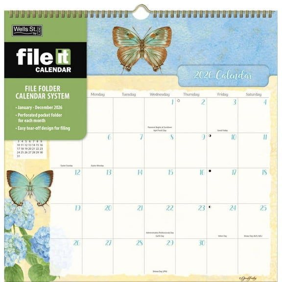 Wells Street by Lang, Butterflies File It 2026 Wall Calendar, 12'' X 12.13'', 12-Month Calendar with Stapled Binding