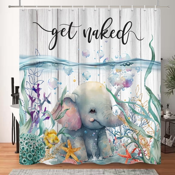 MIZHONA Ocean Theme Shower Curtain Get Naked Coastal Bathroom Curtain with Hooks 72"x72"