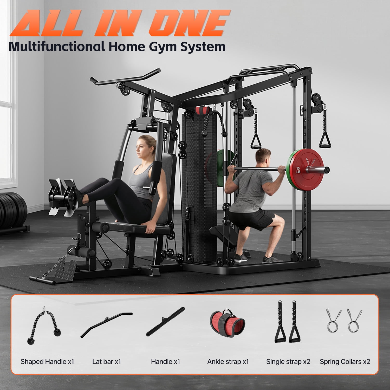 FORGEMUS Smith Machine Power Cage, Multi-Function Home Gym System with 150LB Weight Stack,LAT Station for Full Body Strength Training