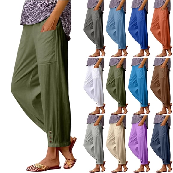 Linen Pants Women Solid Color Ankle Pants Elastic Waist Drawstring Tapered Ankle Trousers with Pockets, #02 Army Green XL