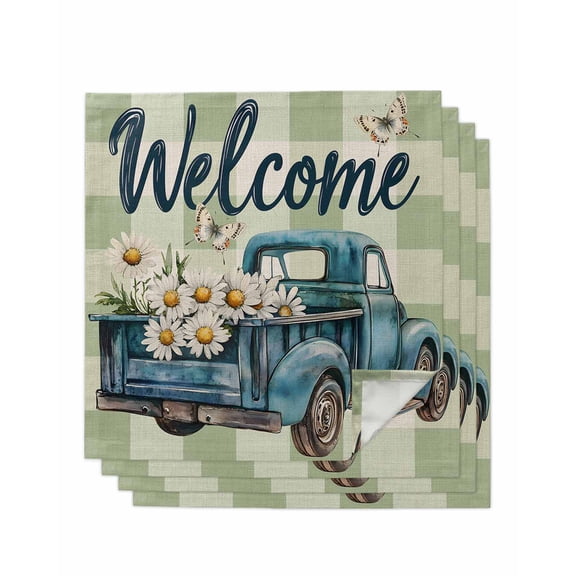 nqOlkjepod Blue Truck Spring Floral Cloth Napkins Set of 4 Reusable Dinner Napkins, Sage Green Plaid Butterflies Cocktail Napkin Washable Table Napkins for Wedding/Holiday Party/Baby Shower 20"x20"