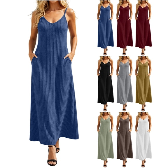 Lovzfmll Spaghetti Strap Ribbed Solid Double Pocket Maxi Sundress for Women, Loose Crew Neck Sleeveless Casual Dress Yellow, XL