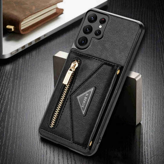 Samsung Galaxy S22 Ultra Crossbody Wallet Case with Card Holder for Women,Leather Magnetic Zipper Purse Back Case with Card Slot Kickstand Shoulder Strap, Black