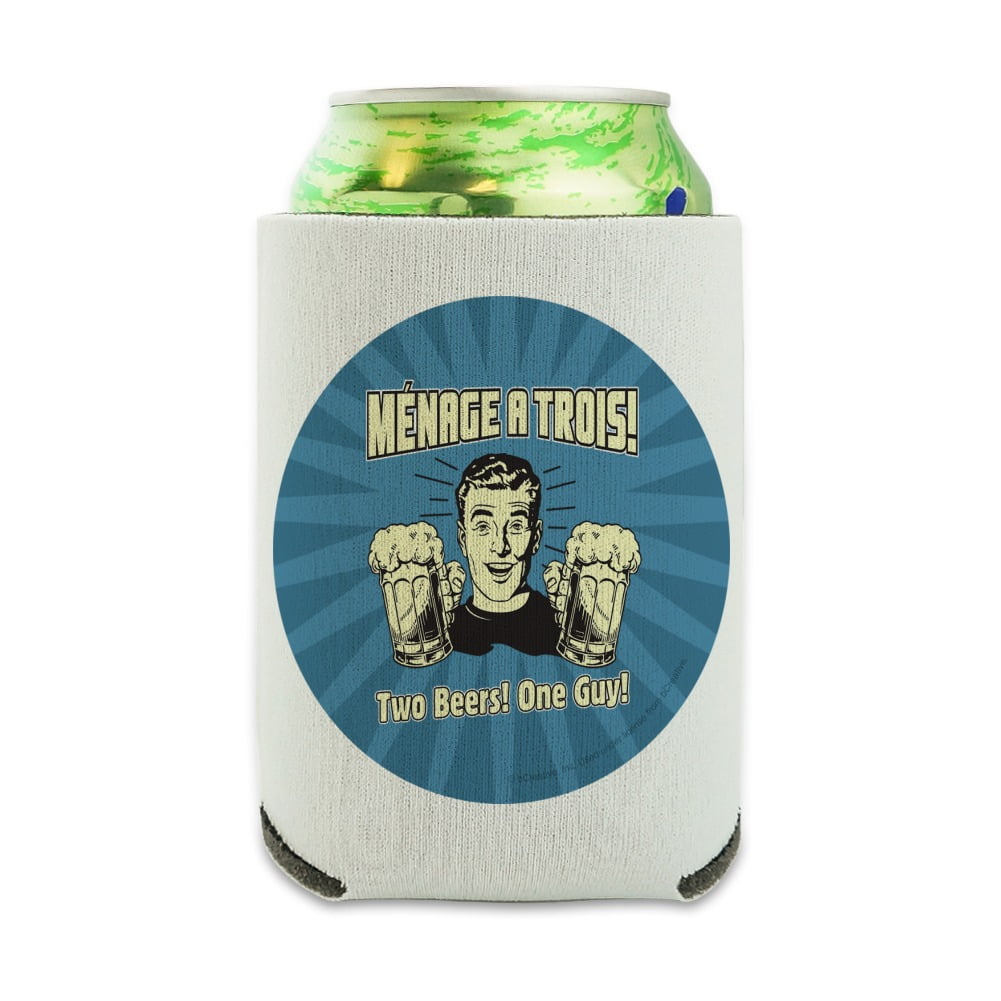 Menage A Trois Threesome Two Beers One Guy Funny Humor Retro Can Cooler Drink Sleeve Hugger