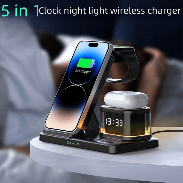 Cargador inalámbrico con luz nocturna y reloj plegable cinco en uno para teléfono móvil Apple, reloj, auriculares, soporte de carga multifunción