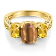 thumbnail image 3 of Gem Stone King 2.40 Ct Oval Brown Tiger Eye Yellow Citrine 18K Yellow Gold Plated Silver Ring (Size 9), 3 of 6
