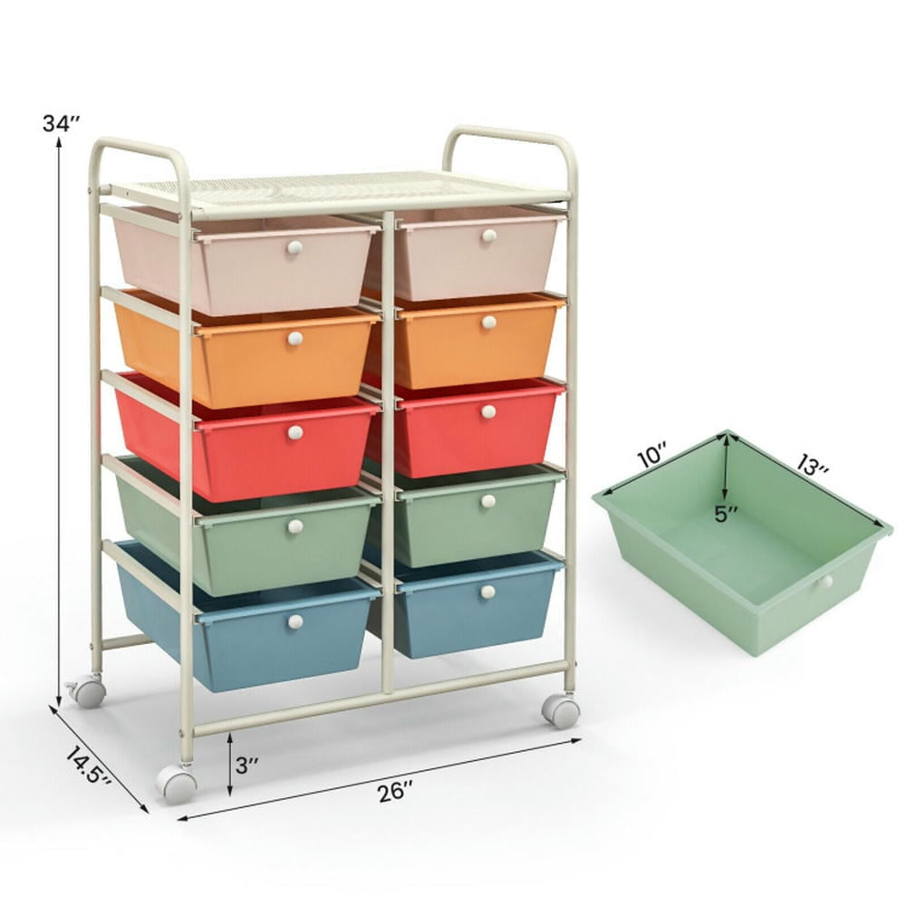 Canddidliike 10-Drawer Rolling Storage Cart, Craft Organizers and Storage, Multipurpose Organizer Cart for Home, Office, School, Multicolor