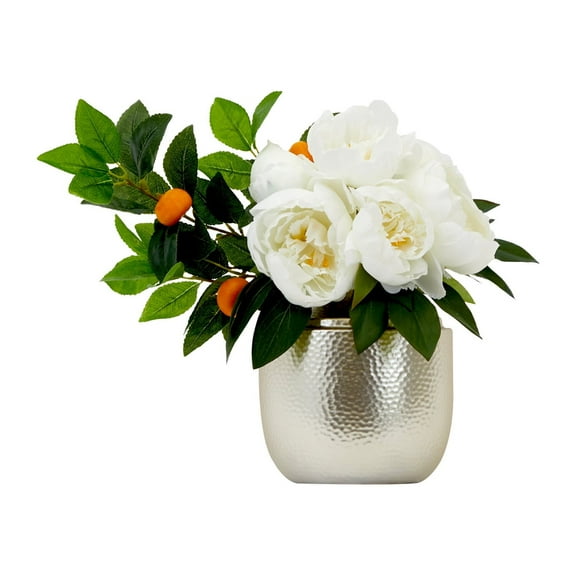 Nearly Natural 16in. Artificial Peony Dahlia Arrangement white Vase, White