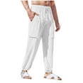 thumbnail image 1 of Pantalones largos de trabajo para hombre, pantalones casuales multibolsillos de talla grande, pantalones tobilleros holgados de algodón y lino con cordón ajustable, pantalones de poliéster para hombre, 1 of 5