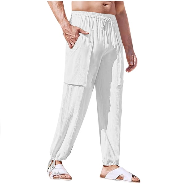 Pantalones largos de trabajo para hombre, pantalones casuales multibolsillos de talla grande, pantalones tobilleros holgados de algodón y lino con cordón ajustable, pantalones de poliéster para hombre