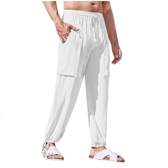 Pantalones largos de trabajo para hombre, pantalones casuales multibolsillos de talla grande, pantalones tobilleros holgados de algodón y lino con cordón ajustable, pantalones de poliéster para hombre