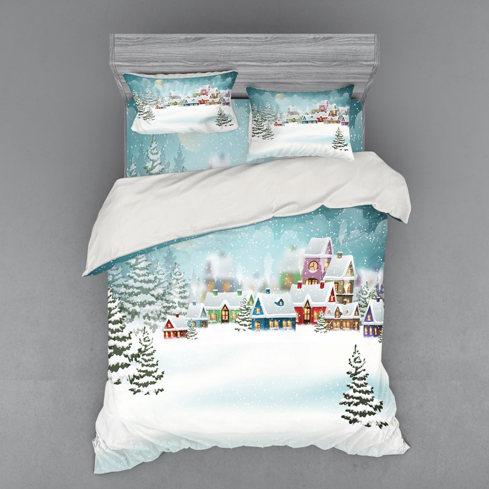 Christmas Duvet Cover Set, Village Under Snow Winter Holiday Season