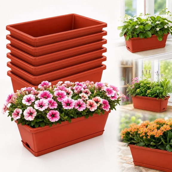 Rongsi Window Box Planter, 7 Pack Plastic Vegetable Flower Planters Boxes 17 Inches Rectangular Flower Pots with Saucers for Indoor Outdoor Garden, Patio, Home Decor (Red)