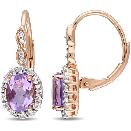 Tangelo 2-1/4 Carat T.G.W. Oval-Cut Amethyst, White Topaz and Diamond-Accent 14kt Rose Gold Halo Leverback Earrings