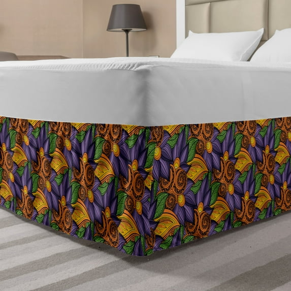 Floral Bed Skirt, Vibrant Flowers Botany Mother Earth Tropicana Exotic Funky Vibes Pattern, Elastic Bedskirt Dust Ruffle Wrap Around for Bedding Decor, 4 Sizes, Marigold Violet Purple, by Ambesonne