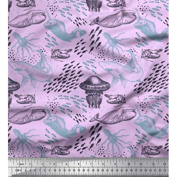 Soimoi Cotton Jersey Fabric Octopus,Whale & Jellyfish Ocean Print Fabric by Yard 58 Inch Wide