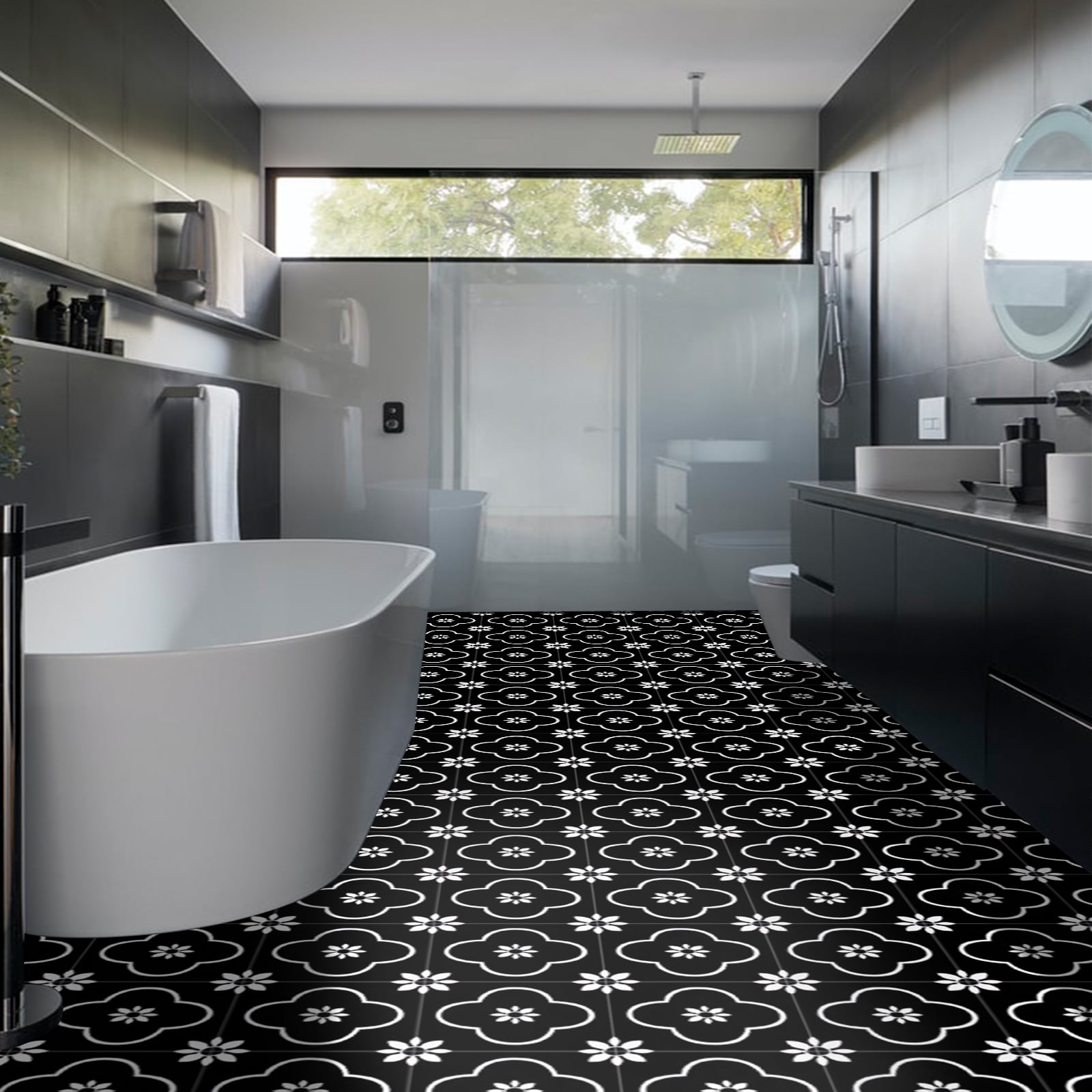 (4 pack) Abyssaly 10Pcs Black and White Vinyl Flooring Peel and Stick 12" x 12" Self Adhesive Floor Tile Removable Stickers Tile for Kitchen Bedroom Backsplash Solid