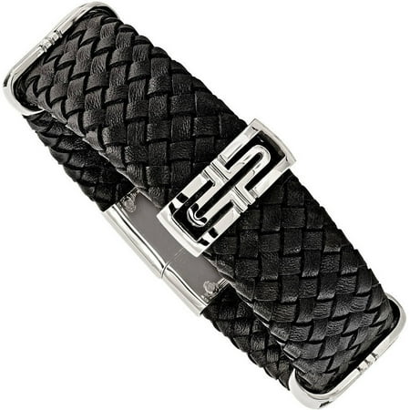 Primal Steel Stainless Steel Polished Genuine Leather Weaved Bracelet, 8.25