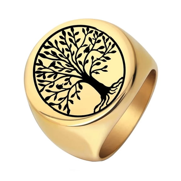 HIJONES Women Men's Tree of Life Stainless Steel Ring Vintage Personalized Hip Hop Jewelry Gold Size 12