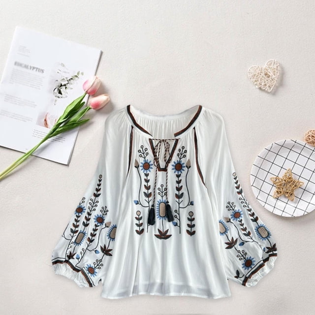 Blusa bordada para mujer, cuello en V, blusas bordadas ligeras de moda para mujer