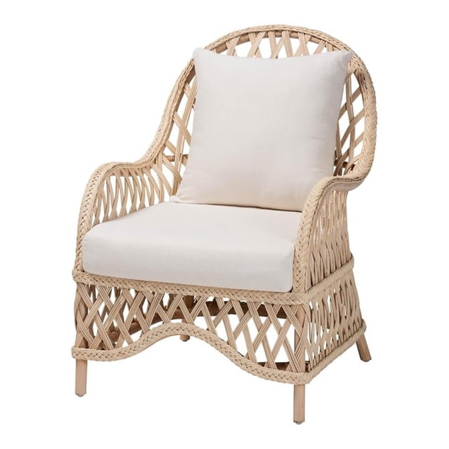 Pemberly Row Ivory Braided Rattan Arm Chair with Cushion and Pillow